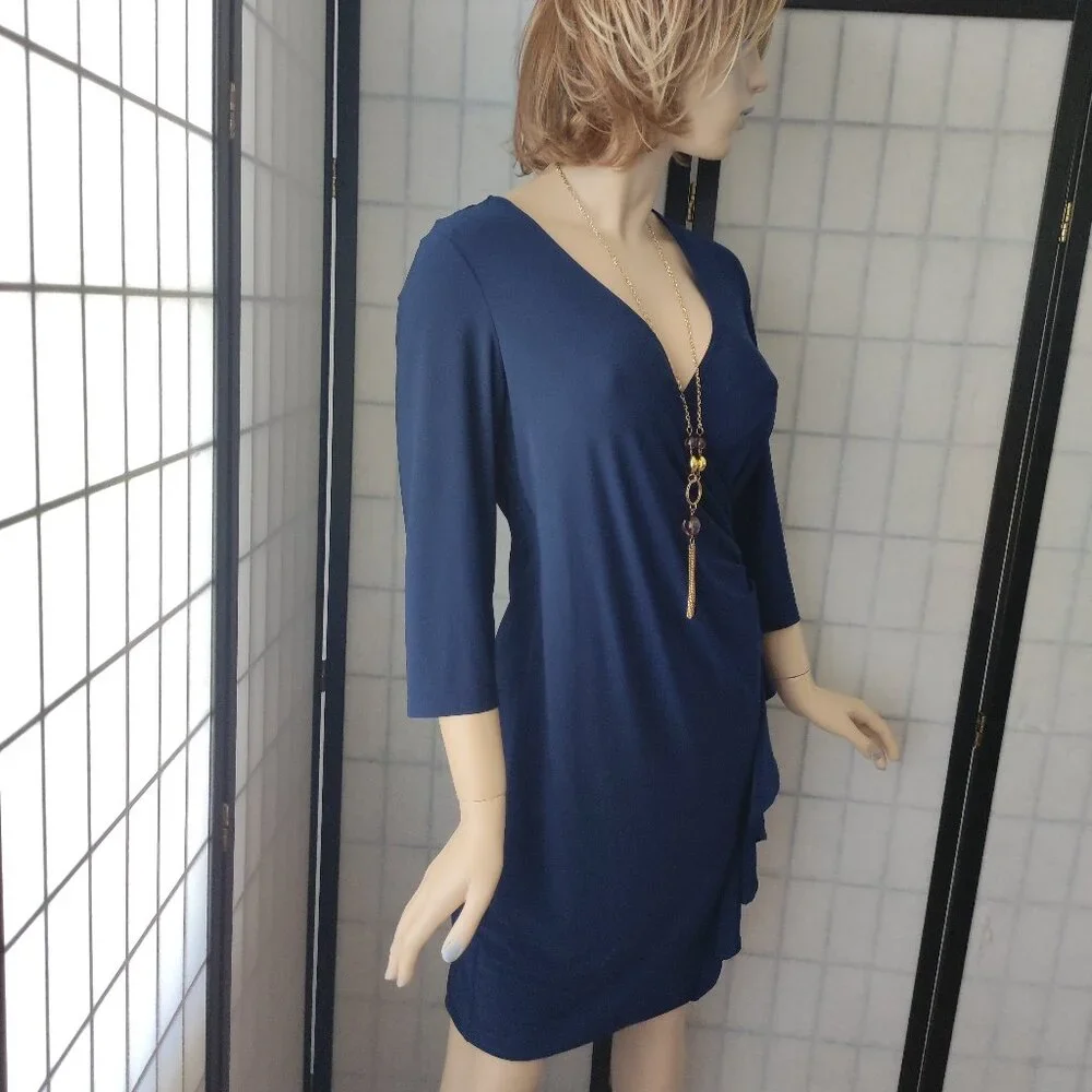 NWOT Nina Leonard Navy Blue Size M Faux Wrap Dress with Flattering Side Drape - Picture 7 of 11